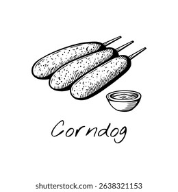 Vector illustration of classic corndogs with dipping sauce. Handdrawn black and white engraving style. Perfect for street food menus and snack-themed designs.