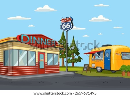 Vector illustration of a classic diner and camper on Route 66, featuring vibrant colors and nostalgic design elements