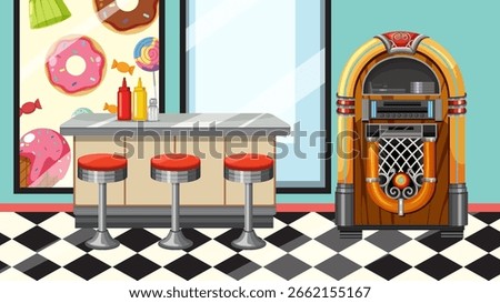 Vector illustration of a classic diner interior with a jukebox, bar stools, and a vibrant candy-themed window