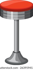 Vector illustration of a classic diner stool with a red seat and metallic base, showcasing a retro style