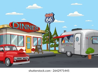 Vector illustration of a classic diner and trailer on Route 66. Bright colors and nostalgic elements create a vintage atmosphere
