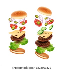 Vector illustration of classic and double beef burgers in exploded view. Realistic cheeseburgers with flying ingredients with slices of vegetables, cheese, meat, bread isolated on white background
