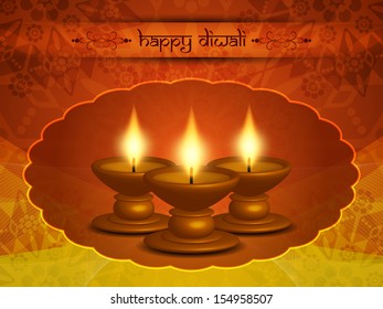 vector illustration of classic elegant brown color background design for diwali festival with beautiful lamps in oval shape frame.