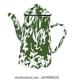 Vector illustration of a classic enamel teapot featuring a green and white camouflage-style motif, perfect for retro kitchen designs