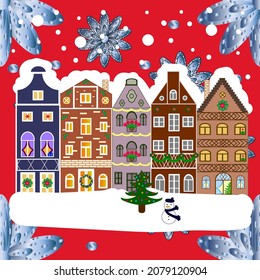 Vector illustration. Classic European houses landscape with Christmas holiday decorations. Winter day in cosy town street scene. Buildings and facades. Vector illustration. Snowfall on Christmas eve.