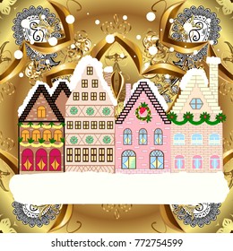 Vector illustration. Classic European houses landscape with Christmas holiday decorations. Vector illustration. Winter day in cosy town street scene. Snowfall on Christmas eve. Buildings and facades.