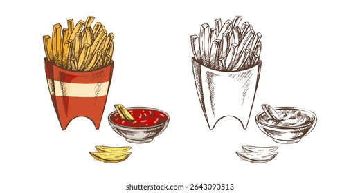 Ilustração vetorial do lanche clássico do fast food — batatas fritas crocantes na caixa de papel com molhos de imersão. Inclui cores detalhadas e versões monocromáticas no estilo vintage desenhado à mão.