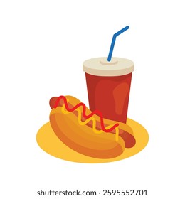 Vector illustration of a classic fast-food meal featuring a hot dog with mustard and ketchup, accompanied by a soft drink with a straw.