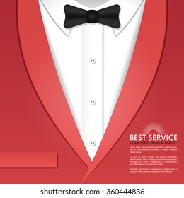 Vector Illustration With Classic Formal Male Red Tuxedo. Waiter, Croupier Or Butler Uniform. Restaurant Or Hotel Service 