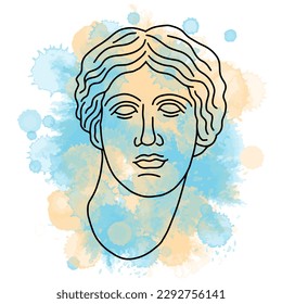 Vector illustration of classic greek sculpture of girl head, line art style with watercolor background.