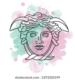 Vector illustration of classic greek sculpture of Medusa head, line art style with watercolor background.