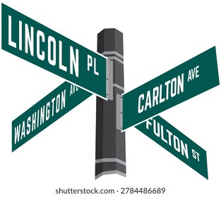 Vector illustration of classic green American street signs featuring Lincoln, Washington, Fulton, and Carlton street names