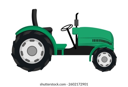 Vector Illustration of a classic green tractor, featuring a simplistic open driver’s seat on a white background.