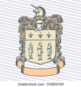 Vector illustration of classic heraldic design with coat of arms and knight helmet