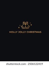 Vector illustration. Classic Holly Jolly Christmas design with golden bells and holly against sleek black background. Concept of winter holidays, New year, celebration. Minimalist design.