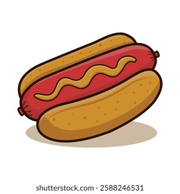 A vector illustration of a classic hot dog with mustard, drawn in a retro cartoon style. Perfect for fast food designs, restaurant menus, and food-related projects