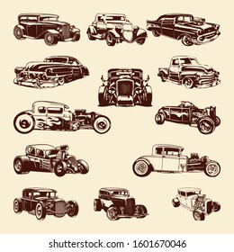 Vector illustration of classic hot rod set. The original American hot-rod. Classical model. Monochrome vector illustration.