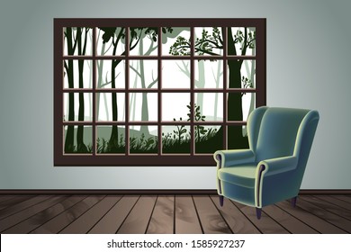 Vector illustration of classic interior room with armchair, wooden floor and park view window. Basic scene design with beautiful soft light. Cloudy weather, twilight, tree silhouettes