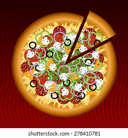 Vector illustration of a classic Italian pizza with a slice cut and ingredients - sausage, tomatoes, mushrooms, olives, onions, peppers, cheese, greens