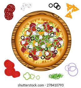 Vector illustration of a classic Italian pizza on a wooden tray on the table and ingredients - sausage, tomatoes, mushrooms, olives, onions, peppers, cheese, greens
