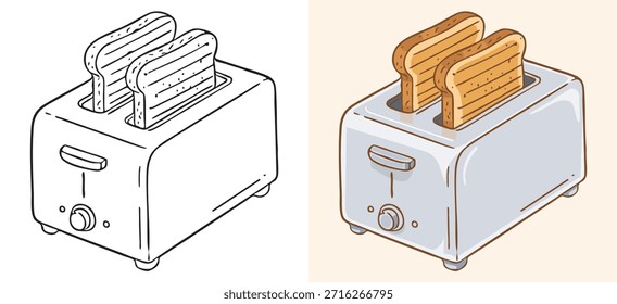 Ilustración vectorial de una tostadora clásica con dos rebanadas de pan tostado marrón dorado, con versiones de colores y líneas artísticas para diseños de cocina y desayunos.