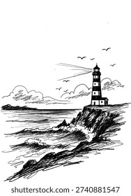 Vector illustration of a classic lighthouse on a rugged clifftop, featuring crashing ocean waves and flying birds, rendered in an elegant hand-drawn sketch art style