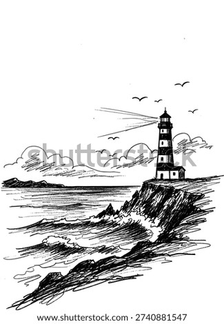 Vector illustration of a classic lighthouse on a rugged clifftop, featuring crashing ocean waves and flying birds, rendered in an elegant hand-drawn sketch art style