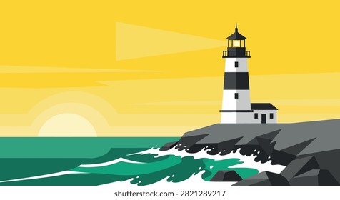 Vector illustration of a classic lighthouse standing on a rugged rocky coastline with crashing waves, under a vibrant yellow and orange sky during sunset or sunrise. Ideal for travel, navigation, and…