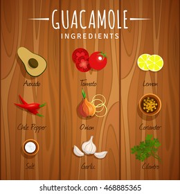 Vector illustration of a classic Mexican guacamole sauce, on wooden background