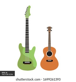 Vector illustration. Classic and modern wood guitar. Small acoustic guitar or ukulele. Rock or jazz equipment.