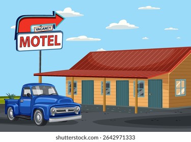 Ilustração vetorial de um motel clássico com um caminhão vintage. Cores brilhantes e linhas limpas criam uma atmosfera nostálgica