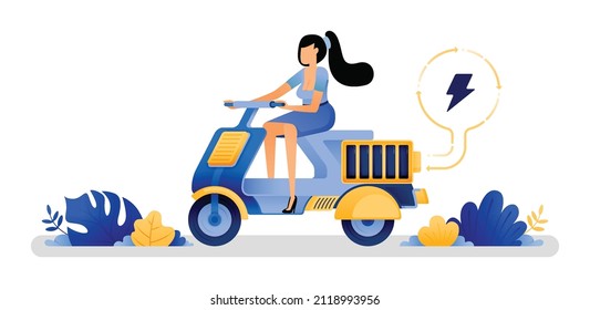 vector illustration of classic motorbikes use rechargeable battery technology to support campaign for use of renewable energy program. Can use for web website mobile apps poster banner flyer homepage