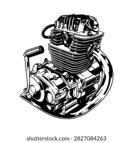 Vector illustration of a classic motorcycle engine block with a kickstarter and exhaust pipe, rendered in a clean black and white graphic style, isolated on a white background. This technical and detailed artwork is perfect for mechanics, automotive themes, motorcycle tuning concepts, and engineering projects.