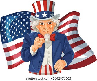 Vector illustration of a classic patriotic figure pointing, set against a waving American flag backdrop