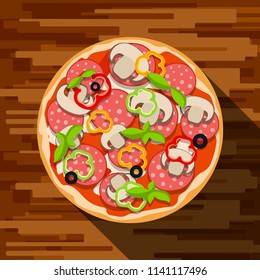 vector illustration of classic pepperoni pizza on wooden backgound