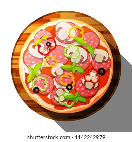 vector illustration of classic pepperoni pizza on wooden tray