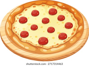 Ilustração vetorial de uma pizza clássica de pepperoni com queijo derretido e fatias redondas de pepperoni, apresentada em uma placa de madeira em uma vista de cima para baixo
