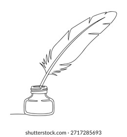 Ilustración vectorial de una pluma clásica en una botella de tinta, que simboliza la escritura, la creatividad y la literatura vintage. Este diseño dibujado a mano es ideal para proyectos relacionados con la escritura, la literatura o la expresión artística