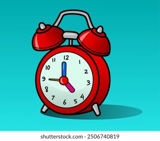Ilustración vectorial de un despertador rojo clásico con una cara blanca y números negros, sobre un fondo verde azulado, que simboliza la gestión del tiempo o la urgencia