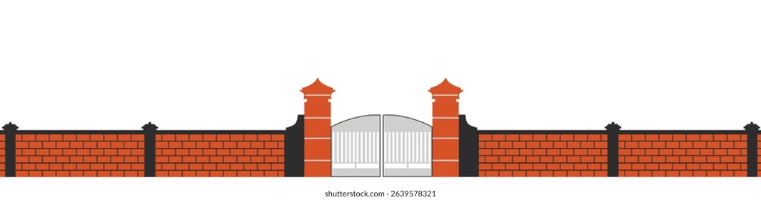 A vector illustration of a classic red brick wall with a closed main gate