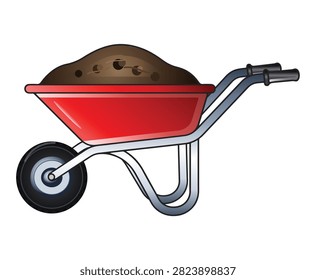 Vector illustration of a classic red garden wheelbarrow filled with brown soil or compost, featuring a sturdy steel frame, rubber tire, and handles, isolated on a white background.