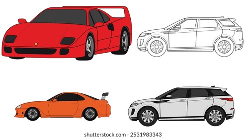 Vektorgrafik eines klassischen roten Sportwagens, eines modernen SUV in Umriss und Farbe und eines orangefarbenen Sportwagens mit Spoiler. Perfekt für Automobil-Enthusiasten und Design-Projekte.