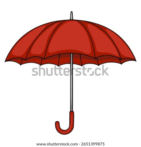 A vector illustration of a classic red umbrella with a curved handle, detailed design, isolated on white background.