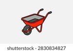 A vector illustration of a classic red wheelbarrow with a single black wheel, shown from an angle against a light grey background.
