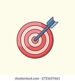 Ilustración vectorial de un blanco y rojo clásico con una flecha golpeando el centro de la diana. Este poderoso símbolo representa el logro de objetivos de negocio, estrategias de marketing precisas, orientación SEO y cumplimiento de la misión. Perfecto para presentaciones de planificación empresarial e informes de rendimiento. Aislado sobre fondo blanco.