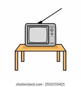 Vector illustration of a classic retro television with antenna displayed on a minimalist wooden table, evoking nostalgia and vintage charm, perfect for media and entertainment themes.