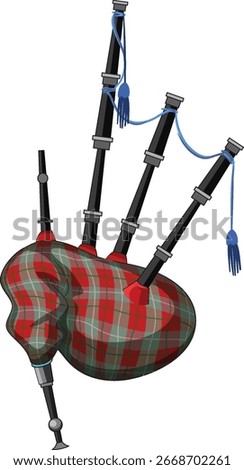 Vector illustration of classic Scottish bagpipes with red and green tartan bag, detailed pipes, and blue decorative cords on a white background