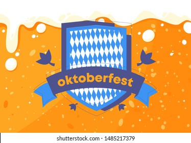 Vector illustration of the classic shield with a traditional background from the diamonds of blue and white colors of Oktoberfest, the ribbon,the background texture of the beer