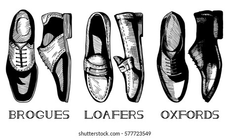 Vector illustration of menâ??s classic shoes set in vintage ink hand drawn style. Brogues, Loafers, Oxfords; top and side view.