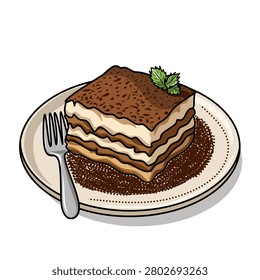 Vector illustration of a classic slice of Italian tiramisu cake served on a patterned white plate with a fork next to it. The multi-layered dessert shows distinctive layers of coffee-soaked ladyfingers and creamy mascarpone, dusted with cocoa powder all around the plate. Clean cartoon style isolated on a solid white background